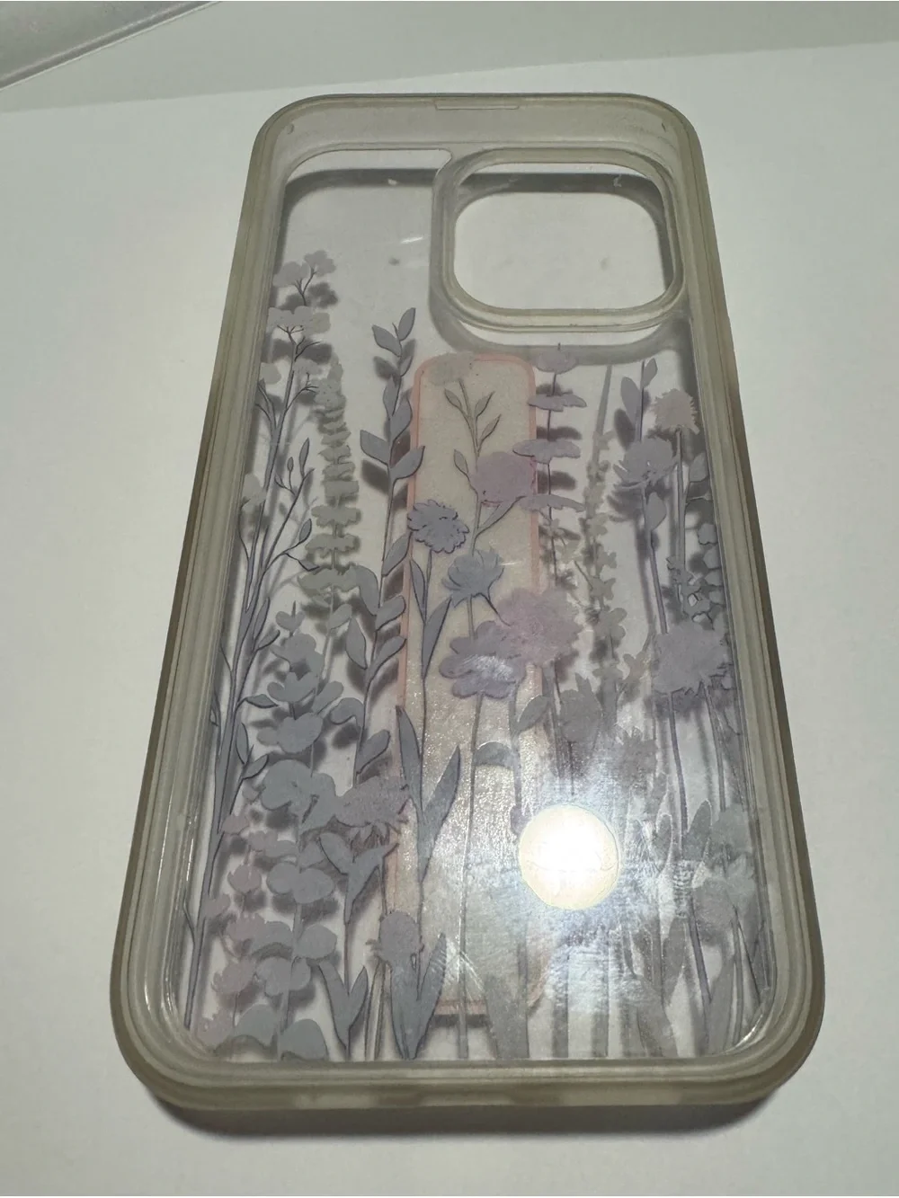 Pink Floral Clear Phone Case with Grip Strap. iPhone 15 Pro Max.